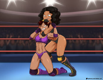 2girls audience black_boots black_buruma black_gloves black_hair black_sports_bra boots breasts brown_eyes brown_hair buruma ceiling_light choke_hold cleavage clenched_teeth collarbone crowd dakunart dark_skin earrings elbow_pads fingerless_gloves gloves jewelry knee_boots knee_pads kneeling large_breasts long_hair looking_at_another medium_breasts multiple_girls navel one_eye_closed open_mouth original purple_boots purple_buruma purple_sports_bra smile sports_bikini sports_bra stage_lights standing strangling sweat teeth tomboy wrestling wrestling_outfit wrestling_ring xime_(dakunart) xiomara_(dakunart) yellow_eyes