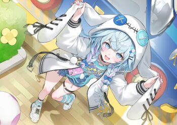 1girl :d absurdres animal_hood ankle_strap asymmetrical_legwear black_choker blue_bow blue_eyes blue_hair blue_shirt blue_shorts blue_socks blunt_bangs bow braid choker commentary_request commission dutch_angle full_body hair_bow hair_flaps hair_over_shoulder hands_up heart heart_o-ring highres hololive hololive_dev_is hood hooded_jacket izumi_kei jacket long_hair looking_at_viewer loose_socks low_twin_braids mizumiya_su mizumiya_su_(1st_costume) o-ring o-ring_choker o-ring_thigh_strap open_mouth pink_streaks rabbit_hood shirt shoes short_shorts shorts smile sneakers socks solo standing standing_on_one_leg striped_clothes striped_socks thigh_strap torn_clothes torn_shirt twin_braids uneven_legwear virtual_youtuber white_jacket white_shoes