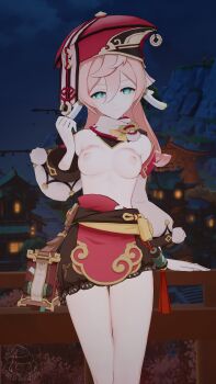 1girl 3d absurdres breasts breasts_out genshin_impact green_eyes hat highres looking_at_viewer nipples outdoors pink_hair redrain solo yanfei_(genshin_impact)