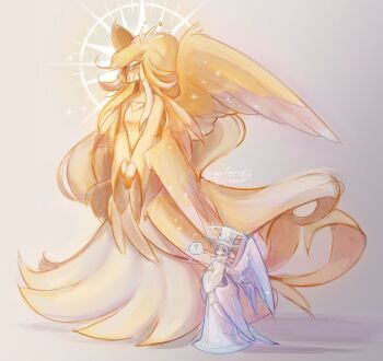 1boy 1girl absurdly_long_hair beak bird_girl blonde_hair blue_eyes commentary dress english_commentary feathers furry furry_female hat hazbin_hotel hellaverse highres long_eyelashes long_hair lucifer_morningstar_(hazbin_hotel) lulilove181 speaker_of_god_(hazbin_hotel) very_long_hair yellow_dress yellow_feathers