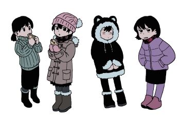 4girls black_hair boots closed_eyes coat fur_trim gosari_draw highres multiple_girls original pantyhose short_hair standing white_background winter_clothes