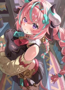 1girl animal_ears aqua_bow aqua_bowtie aqua_streaks bandaid bandaid_on_face black_shirt black_skirt bow bowtie braid braided_twintails breasts cow_ears cow_horns cow_tail crop_top detached_sleeves ear_bell eating food food_on_face from_side genshin_impact hairband highres horns kametaro_uu large_breasts light_blush long_hair looking_at_viewer miniskirt pink_hair pleated_skirt purple_eyes red_bow red_bowtie shirt sidelocks skirt solo tail two-tone_bow two-tone_bowtie varesa_(genshin_impact) very_long_hair yellow_sleeves