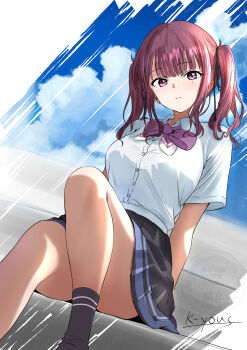 1girl black_ribbon black_skirt black_socks blue_sky blush bow bowtie breasts closed_mouth cloud collared_shirt convenient_leg dress_shirt hair_ribbon highres k-yous large_breasts looking_at_viewer medium_hair mole mole_under_eye natsuki_karin pleated_skirt purple_bow purple_bowtie purple_eyes purple_hair red_hair ribbon school_uniform shirt short_sleeves signature sitting skirt sky socks solo striped_bow striped_bowtie striped_clothes synthesizer_v thighs twintails watermark white_shirt