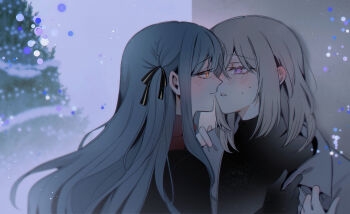 Rule 34 | 2girls, bang dream!, bang dream! it's mygo!!!!!, black gloves, black ribbon, black sweater, blonde hair, blue hair, blush, christmas tree, closed mouth, commentary, ear blush, gloves, grey jacket, hair ribbon, imminent kiss, jacket, long hair, maybecrosswise, medium hair, misumi uika, multiple girls, open mouth, purple eyes, ribbon, sidelocks, sweater, togawa sakiko, upper body, yellow eyes, yuri