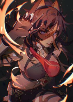 1girl absurdres arm_armor arm_up artist_name black_hair blue_eyes breasts commentary cowboy_shot criss-cross_halter dark-skinned_female dark_skin dehya_(genshin_impact) english_commentary genshin_impact hair_between_eyes hair_ears halterneck highres jewelry long_hair looking_at_viewer medium_breasts multicolored_hair multiple_thigh_straps oastlv orange_hair parted_lips solo stomach streaked_hair thigh_strap