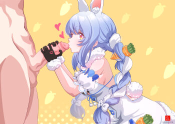 1boy 1girl anger_vein animal_ears artist_logo black_gloves blue_hair braid breasts carrot_background carrot_hair_ornament clothed_female_nude_male dr-alu erection food-themed_hair_ornament from_side fur-trimmed_gloves fur_trim gloves hair_ornament heart hetero hololive kissing_penis logo long_hair looking_at_viewer looking_to_the_side nude penis penis_grab polka_dot polka_dot_background profile rabbit-shaped_pupils rabbit_ears rabbit_tail red_eyes scarf sideboob symbol-shaped_pupils tail uncensored usada_pekora usada_pekora_(1st_costume) virtual_youtuber watermark web_address white_hair white_scarf yellow_background