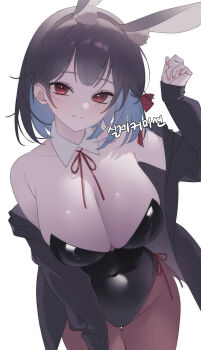 1girl absurdres animal_ears bare_shoulders black_hair black_jacket black_leotard blue_hair breasts brown_pantyhose cleavage closed_mouth colored_inner_hair commentary_request commission covered_navel cowboy_shot detached_collar fake_animal_ears hairband hand_up highres jacket korean_commentary large_breasts leotard long_sleeves multicolored_hair myao_(o3o333) nail_polish neck_ribbon off_shoulder open_clothes open_jacket original pantyhose playboy_bunny rabbit_ears red_eyes ribbon short_hair side-tie_leotard simple_background smile solo strapless strapless_leotard thigh_gap white_background