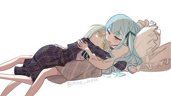 2girls ame_5000 bang_dream! bang_dream!_it&#039;s_mygo!!!!! between_legs black_ribbon blue_dress blue_hair blush closed_mouth commentary_request cuddling dress green_hair grey_skirt hair_ribbon hand_on_another&#039;s_waist highres long_hair multiple_girls open_mouth plaid_clothes plaid_dress plaid_skirt ribbon shirt simple_background skirt smile togawa_sakiko two_side_up wakaba_mutsumi white_background white_shirt yellow_eyes yuri