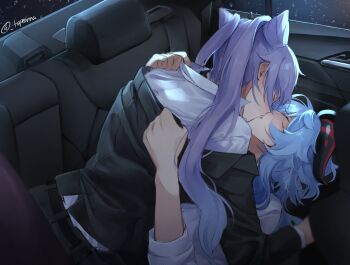 Rule 34 | 2girls, alternate costume, artist name, black horns, blue hair, blush, car interior, closed eyes, couple, ganyu (genshin impact), genshin impact, girl on top, goat horns, highres, horns, hug, keqing (genshin impact), kiss, long hair, lying, multiple girls, purple hair, shirt, tapeanna, twitter username, upper body, white shirt, white sleeves, yuri