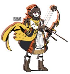 Rule 34 | 1girl, arrow (projectile), artist name, boots, bow (weapon), brown footwear, brown gloves, brown hair, commission, compound bow, dated, dress, falcon (girls&#039; frontline), full body, girls&#039; frontline, gloves, head scarf, holding, holding bow (weapon), holding weapon, light smile, long hair, madcore, open mouth, pixiv commission, ribbon, scarf, simple background, solo, standing, weapon, white background