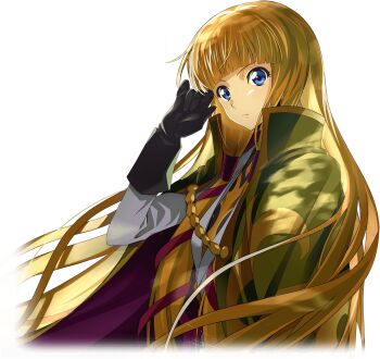 1girl artist_request black_gloves black_shirt blonde_hair blue_eyes blunt_bangs cape closed_mouth code_geass code_geass:_lost_stories cropped_torso dappled_sunlight female_focus from_side game_cg gloves green_cape hair_ribbon hand_up high_collar jacket long_hair long_sleeves looking_at_viewer military_uniform monica_kruszewski non-web_source official_art red_ribbon ribbon shirt sidelocks simple_background solo standing sunlight transparent_background two-sided_cape two-sided_fabric upper_body v-shaped_eyebrows white_jacket