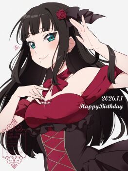 1girl birthday black_hair blush commentary dated english_text green_eyes happy_birthday highres kurosawa_dia kyaku_tasu long_hair looking_at_viewer love_live! love_live!_sunshine!! mole mole_under_mouth solo upper_body watermark