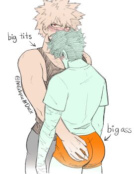 aneclipseatdusk ass bakudeku bakugou_katsuki blonde_hair blush boku_no_hero_academia embarrassed face_in_chest grabbing_another&#039;s_ass green_hair groping huge_ass legs looking_up midoriya_izuku pectorals scar shirt shorts yaoi