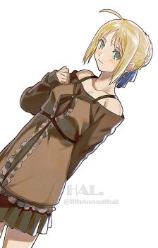 1girl ahoge artist_name artoria_pendragon_(fate) blonde_hair braid braided_bun dress fate/stay_night fate_(series) green_eyes hair_bun hal_(haaaalhal) highres saber_(fate) signature solo twitter_username watermark
