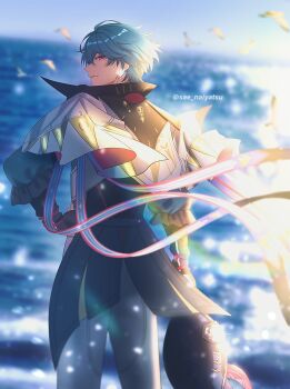 Rule 34 | 1boy, blue hair, blurry, blurry background, brant (wuthering waves), closed mouth, commentary, earrings, english commentary, from behind, grey pants, hand on own hip, hat, highres, holding, holding unworn clothes, holding unworn hat, jewelry, looking at viewer, looking back, male focus, ocean, outdoors, pants, pink eyes, sae naiyatsu, short hair, sideways glance, solo, standing, unworn hat, unworn headwear, wuthering waves