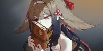 Rule 34 | 1girl, 2bmm2, absurdres, bare shoulders, book, brown hair, chinese clothes, clover, clover hair ornament, droopy ears, floral print, grey background, hair ornament, hairband, hashtag-only commentary, highres, holding, holding book, long hair, open mouth, portrait, red hair, shadow, solo, white hairband, ye shunguang, zenless zone zero