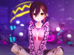 1girl 3d :d ^_^ adjusting_hair android animated blurry blurry_background blush breasts brown_hair camouflage camouflage_hoodie closed_eyes collarbone gloves hair_between_eyes hands_on_legs hololive hood hoodie indian_style joints kuromaru9 light_particles looking_at_viewer looking_to_the_side mechanical_legs medium_breasts open_mouth pink_hoodie roboco-san roboco-san_(hoodie) robot_joints shaking_head short_hair sitting smile solo unity_(game_engine) video virtual_youtuber yellow_eyes