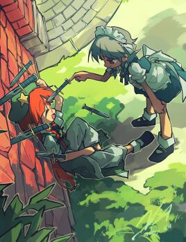 Rule 34 | 2girls, apron, back bow, black bow, black shoes, blood, blood from forehead, blue dress, bow, braid, brick wall, china dress, chinese clothes, closed eyes, closed mouth, doggo 1d34, dress, frilled apron, frills, full body, green dress, green hat, grey hair, hair bow, hat, hat ornament, highres, hong meiling, izayoi sakuya, knife, long hair, looking at another, maid, maid day, maid headdress, major injury underreaction, mary janes, multiple girls, on floor, open mouth, outdoors, pants, puffy short sleeves, puffy sleeves, red eyes, red hair, shirt, shoes, short sleeves, sidelocks, sitting, socks, standing, star (symbol), star hat ornament, throwing knife, touhou, twin braids, waist apron, weapon, white apron, white bow, white pants, white shirt, white socks