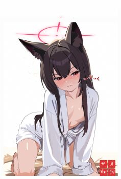 1girl 3: all_fours alternate_costume animal_ear_fluff animal_ears artistic_error barefoot bilingual_commentary black_hair blue_archive blush breasts cleavage closed_mouth commentary drunk english_commentary fox_ears fox_girl hair_between_eyes halo highres japanese_clothes kimono long_hair long_sleeves looking_at_viewer melissa_v2 mixed-language_commentary naked_kimono no_bra nose_blush pink_halo red_eyes sidelocks simple_background small_breasts solo sound_effects split_mouth squeans thighs tsurime v-shaped_eyebrows white_background white_kimono yukino_(blue_archive)