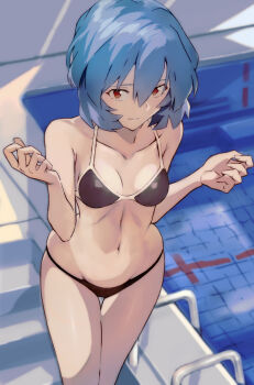 1girl ayanami_rei bare_shoulders bikini black_bikini blue_hair breasts closed_mouth collarbone cowboy_shot from_above groin hair_between_eyes highres indoors light_smile looking_at_viewer navel neon_genesis_evangelion pool pool_ladder poolside red_eyes short_hair solo stairs standing swimsuit thigh_gap tile_floor tiles yagisawa_teru