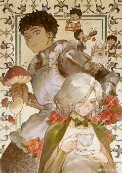 2boys absurdres alternate_costume apron armor black_dress black_hair black_ribbon blue_eyes bodysuit bottle candlestand chainmail chibi chinese_commentary cloak commentary_request cooking crossdressing crossdressing_(mtf) cup cutting_board dark_skin dress drinking_glass duanzhaorz dungeon_meshi elf empty_eyes enmaided fire flower fork frilled_apron frills frying_pan green_cloak highres holding holding_bottle holding_cup holding_fork holding_knife holding_saucer kabru knife maid maid_apron male_focus male_maid mithrun multiple_boys mushroom napkin pointy_ears red_flower red_rose ribbon rose saucer short_hair sitting sweatdrop tapestry teacup walking_mushroom_(dungeon_meshi) watermark weibo_username weibo_watermark white_bodysuit white_hair wine_glass