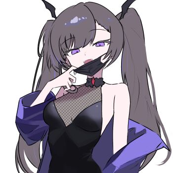 Rule 34 | 1girl, :d, bare shoulders, bat hair ornament, bat wings, black leotard, black mask, breasts, brown hair, character request, choker, choker jewel, cleavage, cleavage cutout, clothes grab, clothing cutout, commentary request, copyright request, dot nose, fang, fangs, fishnet top, fishnets, frilled choker, frills, gem, hair ornament, hand up, highres, jacket, korean commentary, leotard, long hair, looking at viewer, mask, mask pull, medium breasts, mouth mask, multicolored hair, open clothes, open jacket, open mouth, pale skin, purple eyes, purple jacket, purple streaks, raised eyebrows, red gem, simple background, smile, solo, streaked hair, surgical mask, swept bangs, twintails, upper body, vampire, white background, wingcat, wings