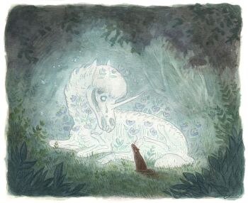 animal_focus blue_butterfly bone bug butterfly camelidae colored_pencil commentary english_commentary flower forest ghost glowing highres insect leaf looking_at_another mouse_(animal) nature no_humans original painting_(medium) pencil purple_flower signature skeleton traditional_media tree unicorn watercolor_(medium)