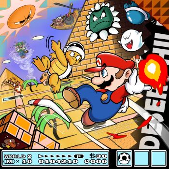 aircraft airship angry angry_sun blue_overalls blue_sky boo_(mario) boomerang boomerang_bro brick brown_hair brown_shoes buzzy_beetle closed_mouth commentary_request dated day desert facial_hair fire fire_mario fire_snake_(mario) flying_sweatdrops ghost gloves green_hat green_shirt hat highres holding holding_wand in-universe_location luigi mario mario_(series) morton_koopa_jr. motion_lines mustache nintendo official_style one_eye_closed open_mouth overalls pile_driver_micro-goomba pyramid_(structure) raccoon_luigi red_hat red_shirt sharp_teeth shirt shoes sky spinning sun super_mario_bros._3 teeth thwomp tree twitter_username wand warp_pipe white_gloves wissu_type