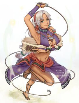 akatsuki_no_kiseki armpits bindi clothing_cutout cross-laced_clothes cross-laced_cutout cross-laced_top curtained_hair dark-skinned_female dark_skin earrings eiyuu_densetsu facial_mark forehead_jewel forehead_mark holding holding_whip hoop_earrings jewelry light_smile mystra77 navel_piercing paizuri parted_bangs piercing sarong scherazard_harvey simple_background sora_no_kiseki straddling_paizuri whip