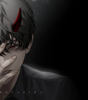 1boy aegyo_sal black_coat black_hair blackbox_(blackbox9158) coat demon_horns hand_on_own_face highres horns kim_dokja looking_at_viewer male_focus official_alternate_costume omniscient_reader's_viewpoint out_of_frame red_eyes short_hair smirk solo split_screen spread_fingers thumbnail_collage