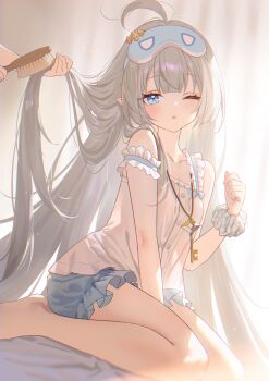 1girl adelie_cat ahoge backlighting bare_legs bare_shoulders blue_eyes breasts brushing_another&#039;s_hair brushing_hair camisole commentary_request dutch_angle extra_pupils eye_mask female_tyrant_(stella_sora) frilled_camisole frills grey_hair hair_brush highres jewelry key key_necklace legs light_blush looking_at_viewer mask necklace official_alternate_costume one_eye_closed pajamas parted_lips pointy_ears scrunchie sitting small_breasts solo stella_sora strap_slip tyrant_(stella_sora) wariza white_camisole wrist_scrunchie