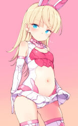 Rule 34 | 1girl, 30 minutes sisters, absurdres, animal ears, blonde hair, blue eyes, breasts, clothes lift, clothing cutout, elbow gloves, fake animal ears, gloves, gluteal fold, highres, leotard, lifted by self, lirinel (30ms), long hair, microskirt, navel, pink background, pink leotard, rabbit ears, shimada fumikane, simple background, skirt, skirt lift, small breasts, solo, stomach cutout, thighhighs, thighs, two-tone leotard, white gloves, white leotard, white skirt, white thighhighs