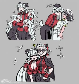 angel animal_ears arm_around_shoulder azazel_(helltaker) baphomet_(grizz) black_horns blind blush breasts cerberus_(helltaker) demon_girl demon_horns demon_tail flustered grey_background grizz group_hug halo happy hatching_(texture) helltaker highres horns hug jacket jacket_on_shoulders justice_(helltaker) leaning linear_hatching lineart long_hair metal_gloves multiple_girls original overalls pants red_shirt sharp_teeth shirt short_hair simple_background sketch smile sunglasses tail teeth traditional_halo triplets vanripper_(style) vest white_eyes white_pants