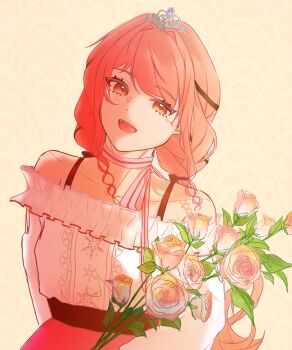 Rule 34 | absurdres, artist request, bare shoulders, belt, black belt, black bow, black ribbon, bouquet, bow, bow choker, bowtie, bra strap, brown eyes, buttons, center frills, chinese commentary, choker, collarbone, commentary request, dot nose, eyelashes, fangs, flower, frilled shirt, frills, hair bow, hair ribbon, happy, head tilt, highres, holding, holding bouquet, infinity nikki, long hair, long sleeves, looking at viewer, low twintails, mini tiara, nikki (nikki), nikki (series), open mouth, perfect start (infinity nikki), pink bow, pink bowtie, pink choker, pink flower, pink hair, pink rose, pink skirt, puffy long sleeves, puffy sleeves, ribbon, rose, second-party source, shirt, sidelocks, simple background, single stripe, skirt, smile, snowflakes, striped bow, striped bowtie, striped choker, striped clothes, swept bangs, teeth, tiara, tress ribbon, twintails, upper teeth only, very long hair, wavy hair, white shirt, yellow background