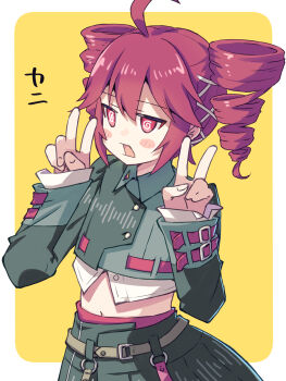 1girl @_@ akayama_yukihe blush double_v drill_hair highres kasane_teto midriff navel open_mouth red_eyes red_hair solo twin_drills v voiceroid