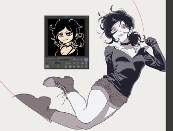 1girl ashley_graves black_hair ddatbbam long_sleeves pink_eyes shorts solo the_coffin_of_andy_and_leyley tongue tongue_out