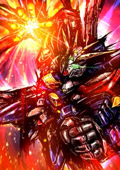 absurdres attack bakunetsu_god_finger clenched_hand commentary_request eye_trail g_gundam glowing glowing_eye glowing_hand god_gundam green_eyes gundam highres hiroki_(hiroki-black) light_trail looking_at_viewer mecha mecha_focus no_humans open_hand robot science_fiction solo super_robot v-fin