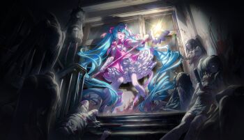 6+girls :d absurdres blood blue_hair boots bow bowtie commentary_request corpse datan_uu dress gloves hair_bow hair_ribbon hairband hatsune_miku highres holding holding_staff ima_sugu_rinne_(vocaloid) long_hair mage_staff magical_girl multiple_girls open_mouth pile_of_corpses pink_bow pink_bowtie pink_dress pink_hairband pink_ribbon ribbon smile staff star-shaped_pupils star_(symbol) symbol-shaped_pupils twintails very_long_hair vocaloid white_boots white_bow white_gloves