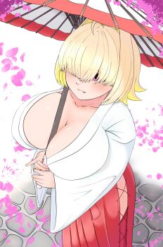 1girl :3 ahoge between_breasts blonde_hair blush breasts cherry_blossoms cleavage cobblestone elegg_(nikke) fang from_above goddess_of_victory:_nikke hair_over_eyes hakama hakama_skirt holding holding_umbrella huge_breasts japanese_clothes kimono miko nama_sirasu one_eye_covered outdoors pink_eyes red_skirt short_hair skirt solo standing umbrella white_background white_kimono