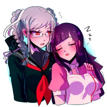 Rule 34 | 2girls, apron, black shirt, blunt bangs, blush, braid, breasts, closed eyes, commentary, cropped torso, danganronpa (series), danganronpa 2: goodbye despair, eyelashes, fingernails, flying sweatdrops, glasses, grey hair, grey sailor collar, hair ribbon, hand on another's shoulder, highres, huyandere, long hair, mole, mole under eye, multiple girls, neckerchief, open mouth, pekoyama peko, pink shirt, purple hair, rectangular eyewear, red eyes, red neckerchief, ribbon, sailor collar, semi-rimless eyewear, shirt, short sleeves, sleeping, teeth, tsumiki mikan, twin braids, twintails, upper teeth only, white apron, white ribbon, zzz
