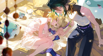 1boy 1girl absurdres arm_tattoo ass belt black_hair blonde_hair closed_mouth convenient_arm couple flower genshin_impact green_hair hair_flower hair_ornament hashtag-only_commentary hetero highres limaomao looking_at_another lumine_(genshin_impact) lying multicolored_hair nude on_side purple_belt shirt short_hair_with_long_locks sleeveless sleeveless_shirt tattoo two-tone_hair white_flower xiao_(bird)_(genshin_impact) xiao_(genshin_impact) yellow_eyes