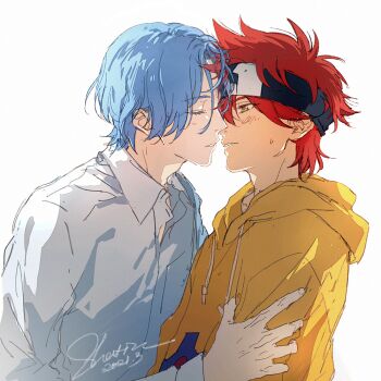 Rule 34 | 2boys, adam's apple, blue hair, blush, closed eyes, closed mouth, collared shirt, commentary request, dated, from side, hasegawa langa, headband, hood, hood down, hoodie, imminent kiss, kyan reki, looking at another, male focus, multiple boys, orange hoodie, parted lips, red hair, shatin (pomelomcp), shirt, short hair, signature, simple background, sk8 the infinity, teeth, upper body, white background, white shirt, yaoi, yellow eyes