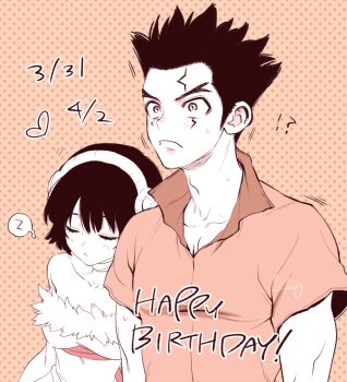 1boy 1girl bare_shoulders birthday black_hair blush breasts choker closed_eyes closed_mouth collarbone collared_shirt dated dr._stone dress embarrassed facial_mark fur-trimmed_dress fur_trim hairband happy_birthday head_on_another&#039;s_shoulder heart hetero leaning_on_person limited_palette ninomae_gin ogawa_yuzuriha ooki_taiju orange_shirt partially_colored polka_dot polka_dot_background shirt short_hair short_sleeves sleeping sleeping_upright spiked_hair strapless strapless_dress sweat upper_body zzz