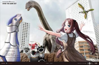 1girl arms_up bird blue_eyes blush breasts brown_dress brown_hair building dinosaur dress fate/grand_order fate_(series) forehead highres leonardo_da_vinci_(fate) leonardo_da_vinci_(fate/grand_order) leonardo_da_vinci_(rider)_(fate) leonardo_da_vinci_(swimsuit_ruler)_(fate) long_hair looking_at_viewer looking_back non-humanoid_robot official_art open_mouth parted_bangs robot robot_animal shirt short_sleeves sidelocks simosi skyscraper small_breasts smile solo twintails white_shirt