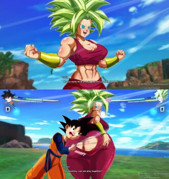 1boy 1girl absurdres age_difference angry anus ass black_eyes black_hair blue_hair breasts clothes clothes_grab dragon_ball dragon_ball_sparking_zero dragon_ball_super dragonball_z english_text green_hair highres huge_ass kefla_(dragon_ball) large_breasts legendary_super_saiyan looking_at_viewer looking_back muscular muscular_female nexxa open_mouth saiyan shota size_difference smile son_goten super_saiyan torn_clothes