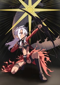 19_chisinlo 1girl aiming arrow_(projectile) boots breasts chloe_von_einzbern chloe_von_einzbern_(archer_install) dark-skinned_female dark_skin fate/grand_order fate/kaleid_liner_prisma_illya fate_(series) hair_ornament hairpin half_updo knee_boots kneeling long_hair long_sleeves navel orange_eyes pink_hair red_shrug shrug_(clothing) small_breasts solo stomach_tattoo tattoo