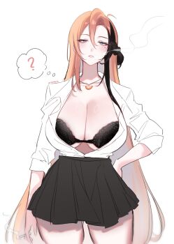 1girl ? absurdres artist_name black_bra black_skirt black_streaks blue_eyes blush bra breasts bright_pupils cigarette cleavage collarbone commentary cowboy_shot hair_between_eyes highres holding holding_cigarette jewelry large_breasts long_hair looking_at_viewer miniskirt mole mole_under_eye necklace nrnmarie open_clothes open_shirt orange_hair original parted_lips shirt shirt_tucked_in simple_background skirt smoke smoke_from_mouth smoke_trail solo speech_bubble spoken_question_mark straight-on symbol-only_commentary thought_bubble underwear very_long_hair white_background white_pupils white_shirt