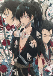 Rule 34 | 1girl, 2boys, amputee, bandaged arm, bandages, black hair, blood, blood on face, blood stain, commentary request, dangmill, dororo (character), dororo (tezuka), expressionless, flower, guest art, highres, hyakkimaru (dororo), japanese clothes, long hair, mouth hold, multiple boys, one eye closed, ponytail, prosthesis, prosthetic arm, prosthetic weapon, red eyes, red flower, tahoumaru