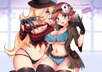 2girls a_nightmare_on_elm_street black_gloves black_hat black_panties black_thighhighs blue_shirt blue_shorts blush breasts brown_hair brown_jacket claws cleavage cosplay crop_top earrings flower_earrings freddy_krueger freddy_krueger_(cosplay) friday_the_13th gloves hair_over_one_eye hat hockey_mask jacket jason_voorhees jason_voorhees_(cosplay) jewelry large_breasts long_hair looking_at_viewer mario_(series) mask mask_on_head multiple_girls navel nintendo open_mouth panties princess_daisy red_sweater rosalina shirt short_shorts shorts smile sugarbell sweater thighhighs torn_clothes torn_sweater underwear very_long_hair zettai_ryouiki