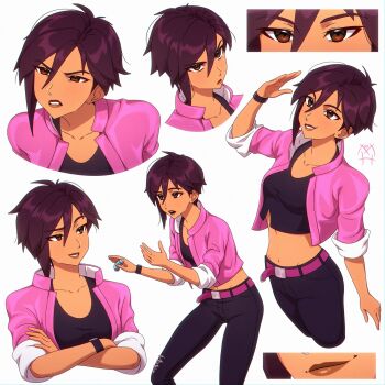 1girl absurdres angry belt black_pants black_shirt breasts brown_eyes collarbone crop_top cropped_jacket crossed_arms dark-skinned_female dark_skin dispatch face_piercing hair_between_eyes highres inhaler invisigal_(dispatch) jacket lipstick makeup marishils medium_hair multiple_views navel nose_piercing nose_ring open_mouth pants parted_lips piercing pink_jacket purple_hair raised_eyebrow salute shirt signature simple_background small_breasts smile torn_clothes watch white_background wristwatch